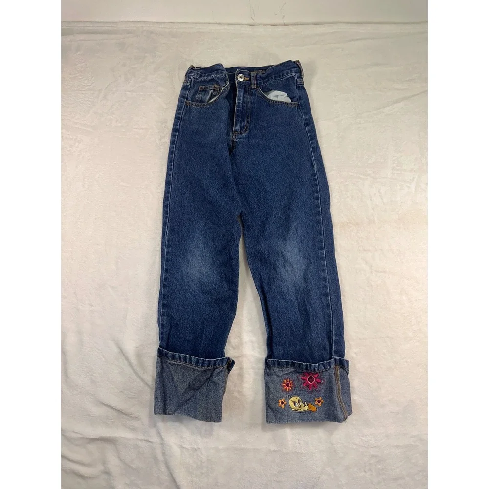 Looney Tunes Tweety Bird Embroidered Cuffed Jeans 7 Blue Vintage Kids Denim